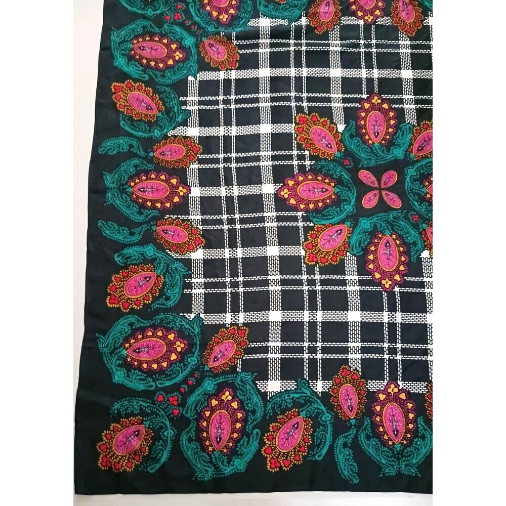 Diane Von Furstenberg Black Plaid Silk Scarf with Pink and Teal Paisley - Picture 6 of 6